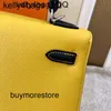 Luxury Brkns Epsom Leather Borse 7A Guida cera in pelle vera a mano piena originale da 25 cm giallo ambra combinato1mn