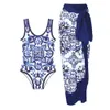 Kvinnors baddräkt kjol blå semester strandkläder vintage badkläder kvinnlig retro designer baddräkt surf slit sommaren 240424