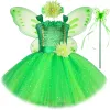 Ensembles robes de princesse fée vert brillant pour les filles pour enfants Christmas Halloween Costume Fleur fille Butterfly Tutu Tenue avec des ailes