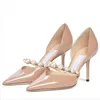 Women Aurelie 85 High Heel Pumps Pointed Closed Toe Single Strap Sandals with Pearls Crystals Evening Party Wedding Shoes