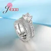 Band 925 Stamped Silver Needle Ring Set 2 PCS Bijoux Full African AAA Crystal Heart Stone Rings Romantic Wedding Best Chioce