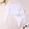 Women's Swimwear 3 Pieces Bikini Sets & Long Sleeve Top 2024 Women Swimsuit Thong Female White Bathing Swimming Swim Suit Beachwear Neon