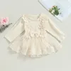 Rompers spets blommor flickor romper klänning barn fest kostym långärmad rib bow tulle lapptäcke bodysuit kläder för småbarnskläder