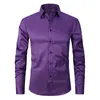 Big Size S-8XL Mens Casual Shirts Solid color stretch cloth men long sleeve fashion shirt slim top Black white wine red Polyester tops breathable Clothes