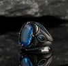 Band Rings Vintage Oval Inlaid Blue Zircon Stones Men Retro Silver Color Metal Carving Punk Jewelry H240424