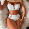 Kadın Mayo 2024 Seksi Bikini Kadın Lüks Rhinestone Bandeau Push Up Micro Mayo Plaj Maması Takım Metal Yüksek Bel Mayo Beyaz Siyah D240424