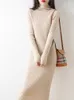 Casual Dresses Merino Wool Sweater 2024 Autumn and Winter Women's Long Turtleneck randig varm stickad över knäklänningen