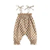 One-Pieces Infant Baby Girls Casual Jumpsuit, Brown Checkerboard Plaid Pattern Sleeveless Tieup Strap Romper