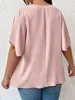 Plus Size 1XL5XL Womens Tshirt Solid Color V Neck Bell Sleeve Blouse Slight Stretch Casual Pullovers Shirt Top 240419