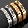 Strands Stainless Steel Bracelet for Men 12MM Width Square Franco Link Chain Men's Bracelets With CZ & Magnet Clasp Gold Plated Jewelry