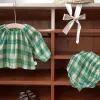 セット春秋の女の赤ちゃんカジュアルルーズセットグリーン格子縞のオンランタンスリーブ人形シャツ+フラワーバッドショーツ新生児服e36232