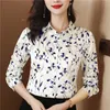 Camisa de seda floral de luxo feminino de manga longa designer lapel de lapela pescoço branco blusas elegante de gabinete de escritório