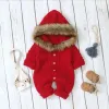 Polos 018m Baby Girls Knitted Hoodie Romper Clothes Cotton Warm Autumn Boys Long Sleeve Sweater with Faux Fur Collar Bodysuits