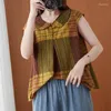 Women's Blouses Limiguyue Women Summer Plaid Tops Cotton Linen Doll Collar Sweey Pleated Sleeveless Shirts Literary Button Robe E671