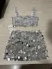 PREPOMP Summer Square Collar Sleeveless Silver Sequins Vest Women Crop Top Short Skirt Two Piece Set Women Outfits GH550 240412