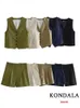 Kondala Casual Linen Women Suits 2 sztuki V Buttonów szyi kamizelki Blazerhigh talia szerokie nogi krótkie