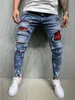 Högkvalitativa män jeans färg kastar hål mode jeans herrar stil 240424