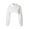 Blans des femmes Femmes Cropites Half Shirt Sleeve Puff Button Up Ruffle Trim False Collar 13mc