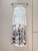 Damska sukienka bawełniany biały lapa szyi z długim rękawem kwiatowy nadruk koszula midi sukienka midi