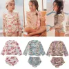 Swimwear Summer Korean Style Vintage Girls Floral Swimsuit Sun Protection Long Sleeve Ruffled Flower Swimming Suit Cute High Waist Bikini