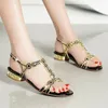 Women Green Blue Gold Rhinestone Sandals Tstrap Square Heel 25cm Lowheeled Party Shoes Back Buckle Big Size 240412