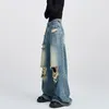 Kvinnors jeans 2024 Summer Harajuku High midja Vintage Y2K Loose Pants Wide Leg Baggy Subtimat Ripped Blue Denim Trouser