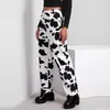 Kvinnors jeans 2024 Design Ladies Wide Leg Pants Fashion Women High midja Loose Pocket White Cow Printed Pantalones de Mujer