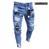 Men Stretchy Ripped Skinny Biker brodery Cartoon Print Print Jeans détruit trou slim slim denim Hip Hop Black 240423