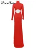 Casual Dresses Forefair Y2K Elegant Red Cut Out Maxi Dress for Women Party Club Outfits Långärmad Ruched Sexig rygglös klänning Birthday