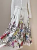 Damska sukienka bawełniany biały lapa szyi z długim rękawem kwiatowy nadruk koszula midi sukienka midi