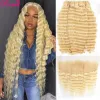 Wigs Honey 613 Blonde Deep Wave Bundles with Frontal Closure Brazilian Blonde Curly 3 Bundles With 13x4 Frontal Pre Plucked Remy Hair
