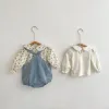 Sets 2023 Herbst Baby Girl Kleidung Langarm Peter Pan Kragen Blume T -Shirt Tops Tasche Denim Strampler BodySuit INS OUTEWEL 024M