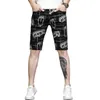 Summer Mens Denim Shorts With Trendy Letter Print Five Point Middle Pants Elastic Slim Fit Beach Breeches