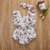 One-Pieces 024M Newborn Baby Girl Romper White Pink Flower Print Romper For Newborn Girls Jumpsuit Headband Outfit Toddler Infant Sunsuit