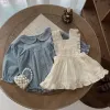 Sets Nieuwe Spring herfst Baby Girl Sweet Set Peter Pan Collar Blue Geplaid Shirt Beige Ruffe Ruff Riem Jurk Fashion pasgeboren kleding E6151