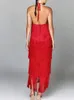 2024 Metallic Color Tassel Halter Dress Long Ladies Ladies Chic sem mangas e sem costas