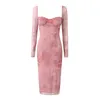 Robes décontractées 2024 Bazaleas Sexy Pink Mesh Robe Femme Spring Letter Print Party Elegant Lace Patchwork for Women Clothing