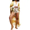 Oversize Muslim 2024 Europe Printed Women's Loose Kaftan Duster Coat Summer Bohemian Sexy Lady Long Kimonos For Holiday