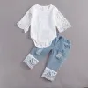 Sets New 024M Summer Baby Girl Clothes Sets Long Sleeve Lace Romper Suit Triangle Crotch Cotton Top Hole Jeans Denim Pant 2P Outfit