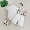 Kledingsets 3 stks babyjongens kleren herenpak shirt met korte mouwen romper met boogschorsing shorts set verjaardag bruiloft feestje outfit