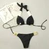 Kvinnors badkläder sexig låg midja Push Up Bikini Set för damer som hänger nackband Bikinis Flash Gold Plate Belt Swimsuit Women Biquini Suits