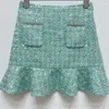 Skirts Diamonds Decoración para mujeres Tweed Sequined Mini Skirt Ruffles Trim Alta cintura Damas elegantes Green Short Jupe para 2024