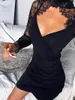 Casual Dresses 2024 Fashion Lace Patchwork Hollow Dress Low Cut V Neck Long Sleeve Asymmetrical Sexy Waist Hollow-out Skirt