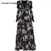 Abiti casual Maryyimei Designer Designer Dresser Women Spring Women a V-Neck Ruched Long Floral State Vacation