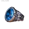 Bandringen retro handgemaakte Turks voor mannen vintage metaal snijpatroon zilveren kleur ingelegde blauwe zirkoon punk ring moslim sieraden H240424