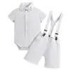 Kledingsets 3 stks babyjongens kleren herenpak shirt met korte mouwen romper met boogschorsing shorts set verjaardag bruiloft feestje outfit