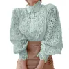 Chemise Femmes Stand Collar Lace Patchwork Shirts Casual Hollow Out Flower Petal Sleeve Buttonw Tops Solid Shirts White For Women Blue