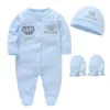 Född Baby Boys Romper Royal Crown Prince 100% Bomullskläder Set With Cap Handskar Spädbarn Girl One-Pieces Footies Sleepsuits 240424