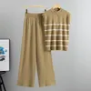 Kvinnors tvåbitar byxor Summer Stripe Sleeveless Vest Knitwear Top Elastic midja bred bendräkt Kvinnlig tunn stickad 2 Set Women 2024