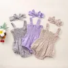 One-Pieces Infant Baby Girls 2Pcs Summer Outfits, Sleeveless Frill Smocked Strap Romper with Headband Set